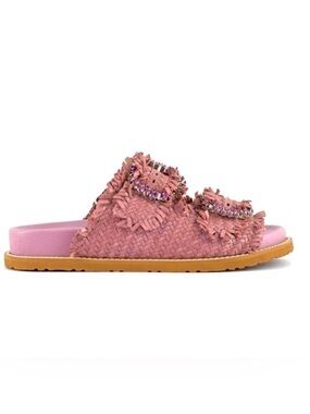 Anthropologie Coral Blue Italian Woven Leather Jeweled Footbed Buckle Sandal 8.5